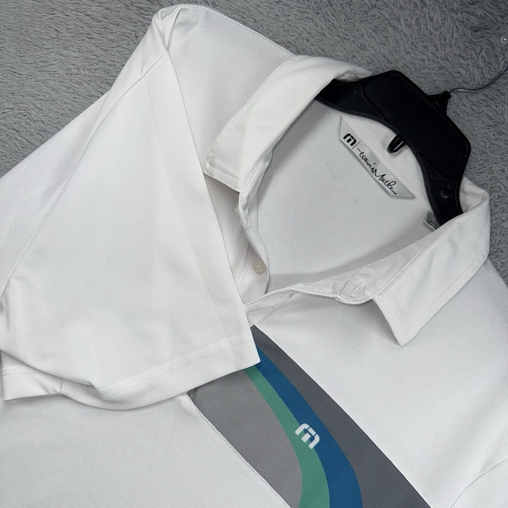 Travis Mathew Shirt Men's XL White Striped Golf Polo Short Sleeve